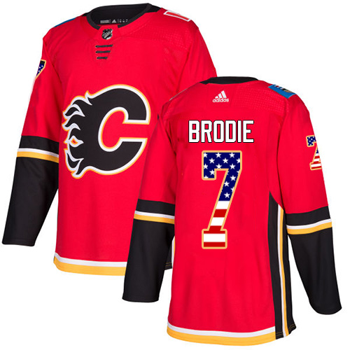 Adidas Flames #7 TJ Brodie Red Home Authentic USA Flag Stitched Youth NHL Jersey - Click Image to Close